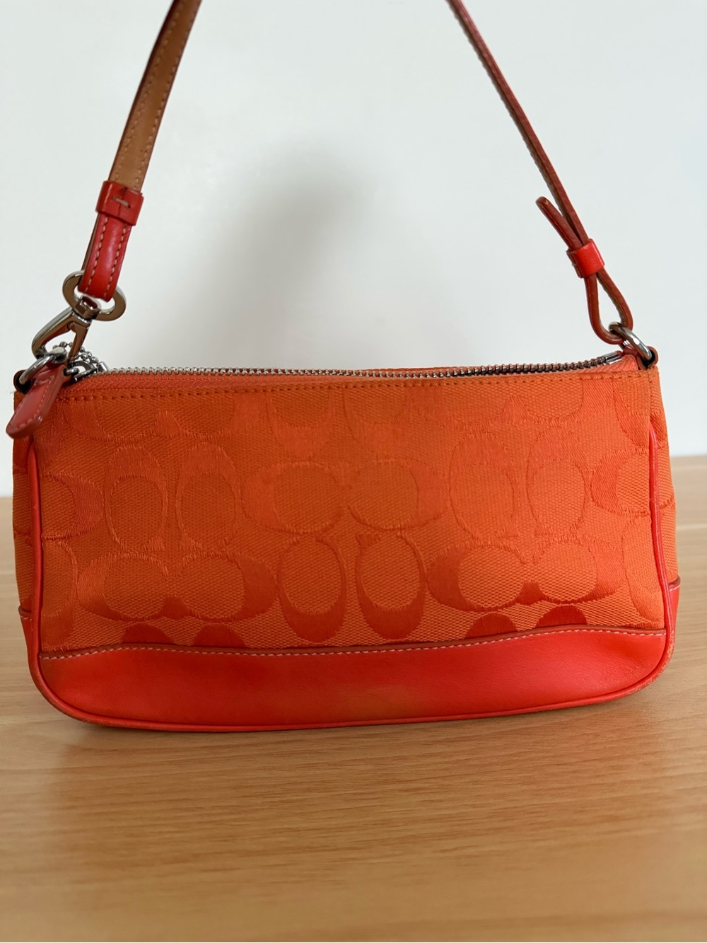 Coach Orange Signature Jacquard Shoulder Bag with Leather Trim - Picture 11 of 14